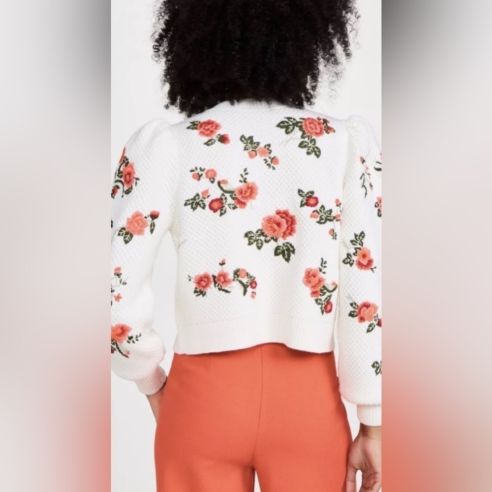 ALICE + OLIVIA Kitty Floral Embroidered Puff Sleeve Wool Cardigan Size Med NWT - Picture 7 of 11